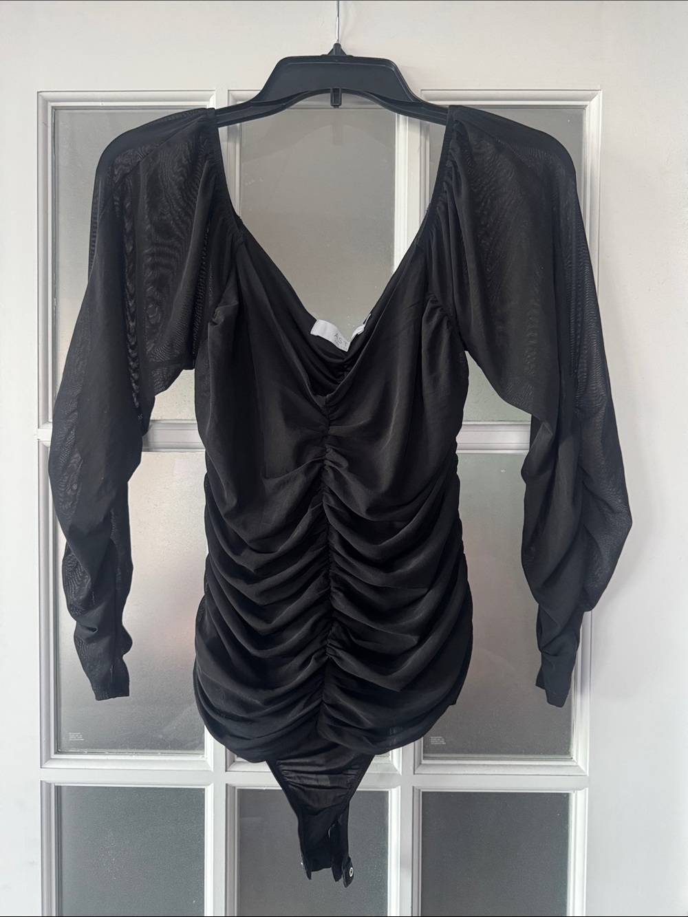 Astr Black Ruched Long-Sleeve Mesh Bodysuit